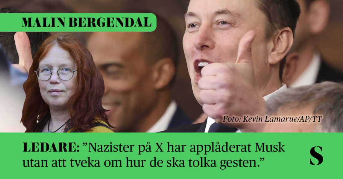 Elon Musk gör tummen upp. Skribenten i förgrunden.