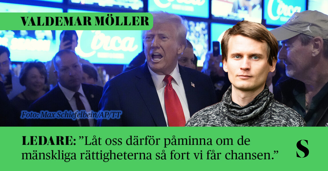 Trump hojtar bland en massa folk. Skribenten i förgrunden.