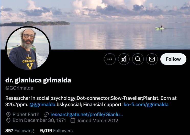 Skärmbild av forskaren Gianluca Grimaldas konto på X.