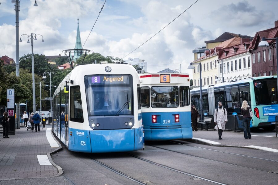 Spårvagnar vid Redbergsplatsen i Göteborg.