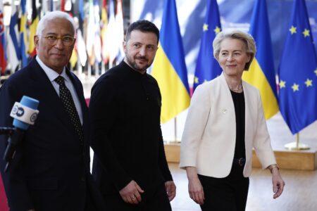 Antonio Costa, Volodymyr Zelenskyj och Ursula von der Leyen.