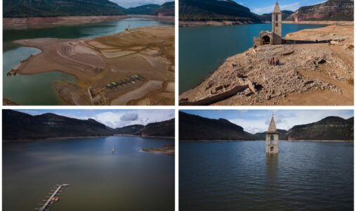 Bilder som visar torka i Katalonien och hur det ser ut när vattenmagasinen är fyllda.