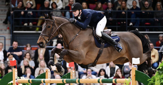 Häst med ryttare hoppar över hinder.