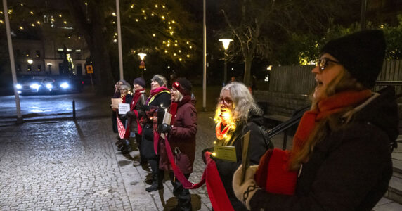 Kvinnor med ljus och skyltar.