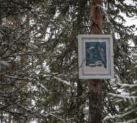 Konstverk i skog.