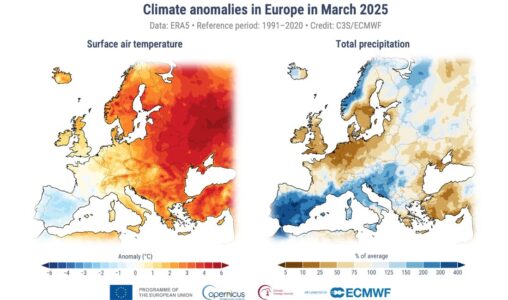 Karta som visar klimatanomali vad gäller temperatur och nederbörd i Europa under mars månad.
