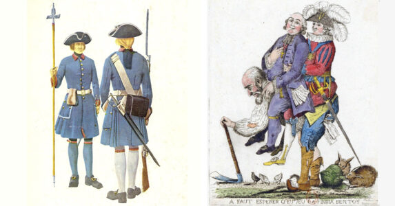 En bild av två soldater och en bild av en präst och en adelsman som rider på en bonde. Gamla teckningar.