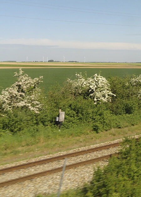 Utsikt från ett tågfönster – gröna ängar, blå himmel.