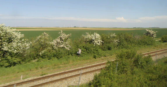 Utsikt från ett tågfönster – gröna ängar, blå himmel.