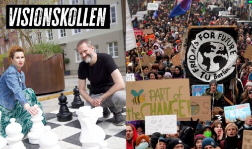 Bild på Tatjana-Boric Persson och Björn Paxling framför ett stort schackbräde och en bild på en klimatdemonstration i Berlin.