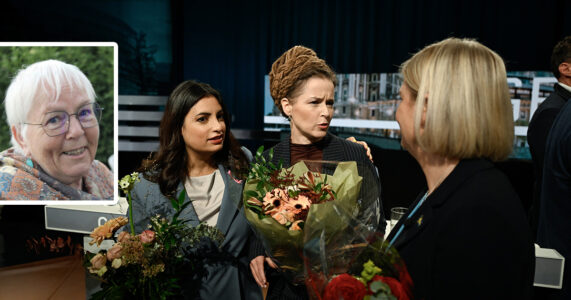 Tre kvinnor med blommor.