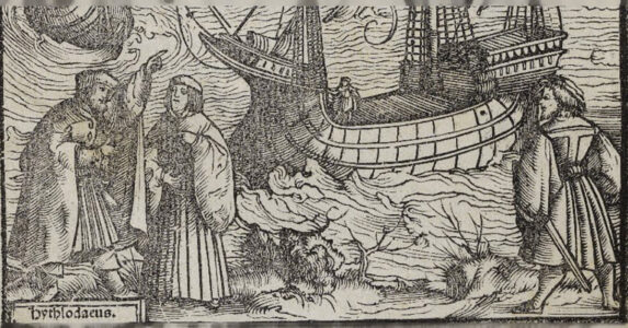 Bild från 1500-talet, två män pratar och skepp syns i bakgrunden.