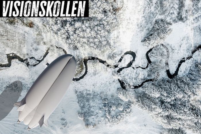 Illustration av luftskepp som åker över vinterlandskap