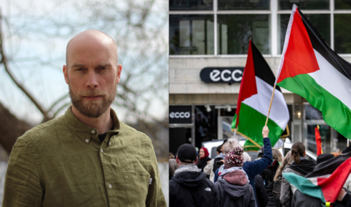 Kristoffer Åberg till vänster, Palestinademo till höger.