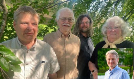 Silverfalk 2025, från v Nils Cronberg, Leif Runesson, Emil V Nilsson och Hjördis Lundmark. I högra hörnet, Carl Wale. Vilma Lindell saknas på bilden. Foto: Naturskyddsföreningen/Foto: Jonas Elghorn