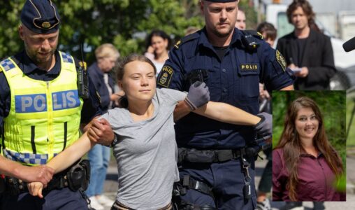 Klimataktivisten Greta Thunberg bärs bort av polis. Bilden är ett collage, inklippt är också Beatrice Rindevall, ordförande för Naturskyddsföreningen.