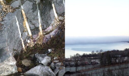 Klippa där sällsynta jordartsmetaller syns och vy över Vättern.