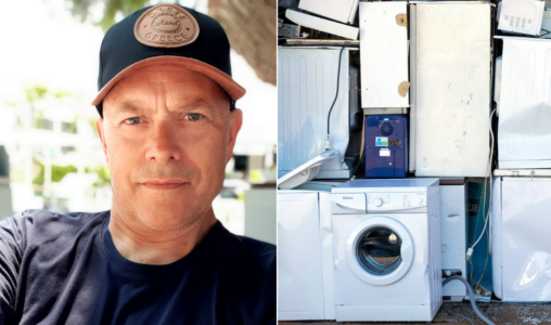 Torbjörn Sassersson och en hög med vitvaror.