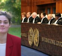 Ida Edling till vänster, Internationella domstolens domare i bild till höger.