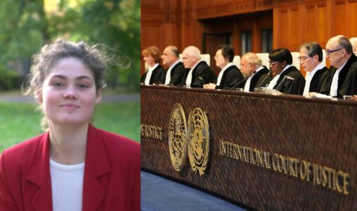 Ida Edling till vänster, Internationella domstolens domare i bild till höger.