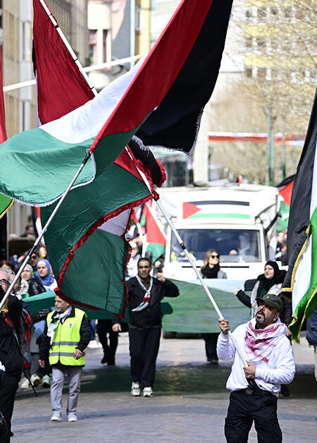 Demonstration med palestinska flaggor.