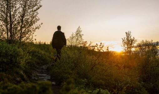 En människo går mot solnedgången i ett naturområde.