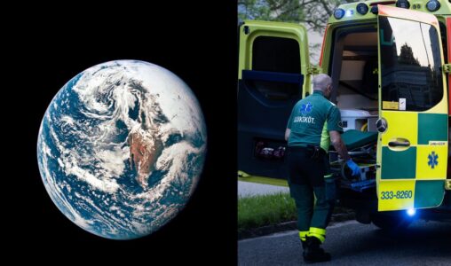 Jorden och en bild på ambulanspersonal som bär ut en bår.