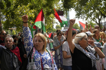 Demonstration med Palestinaflaggor.