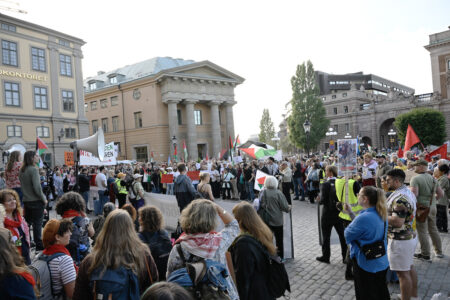 Folksamling på Mynttorget, flaggor, banderoller