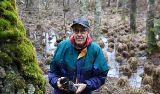 Äldre man, Jan Brenander, i en gammelskog.