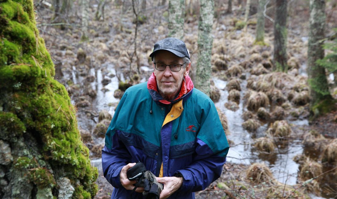 Äldre man, Jan Brenander, i en gammelskog.