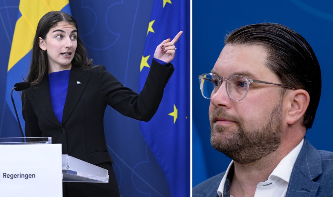 Klimat- och miljöminister Romina Pourmokhtari (L) och Sverigedemokraternas partiledarfe Jimmie Åkesson (Sd).