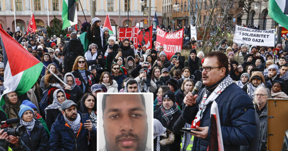 En demonstration med palestinska flaggor.