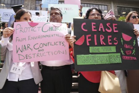 Aktivister håller i skyltar med budskap om eld-upphör för miljön och människoliv.