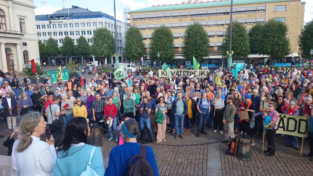 Människor står samlade på Gustav Adolfs torg.