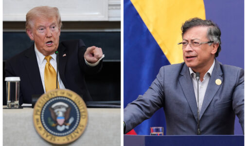 kollage: Trump i vänstra bilden pekar mot Gustavo Petro i högra bilden