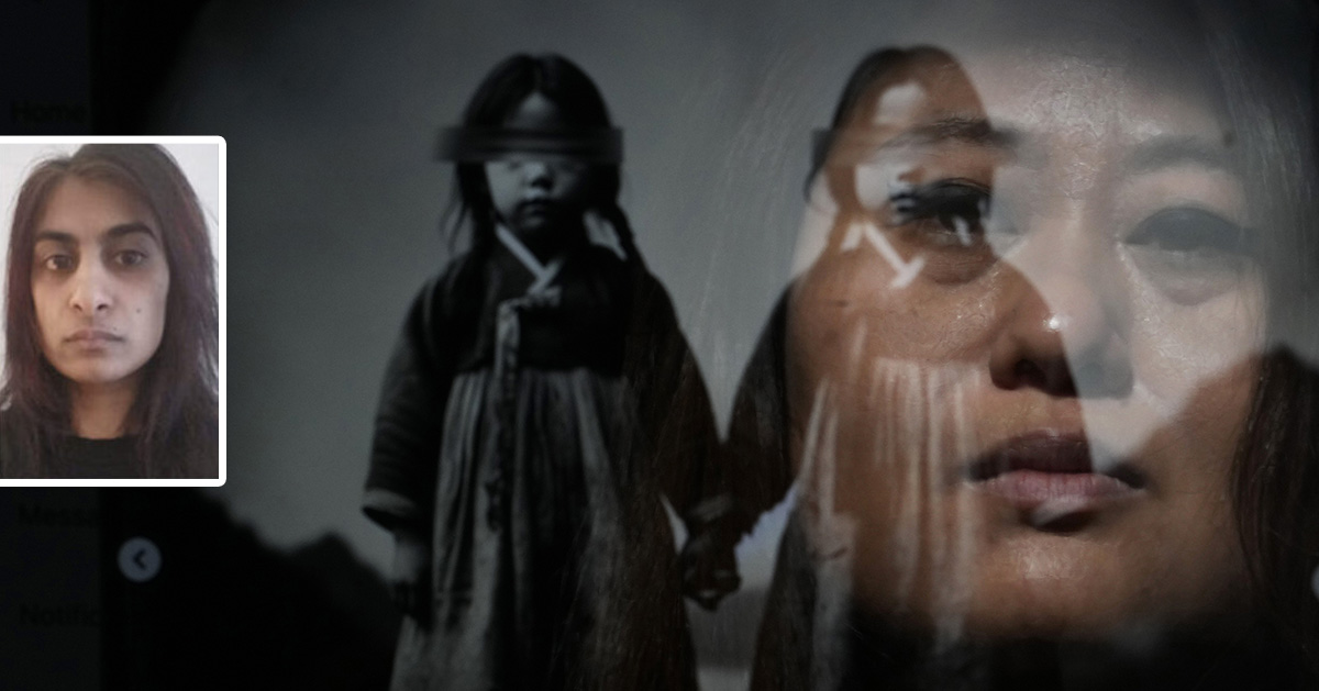 En kvinna som gråter och ett foto av två flickor.