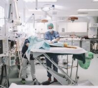 En veterinär och en djurskötare opererar en katt.