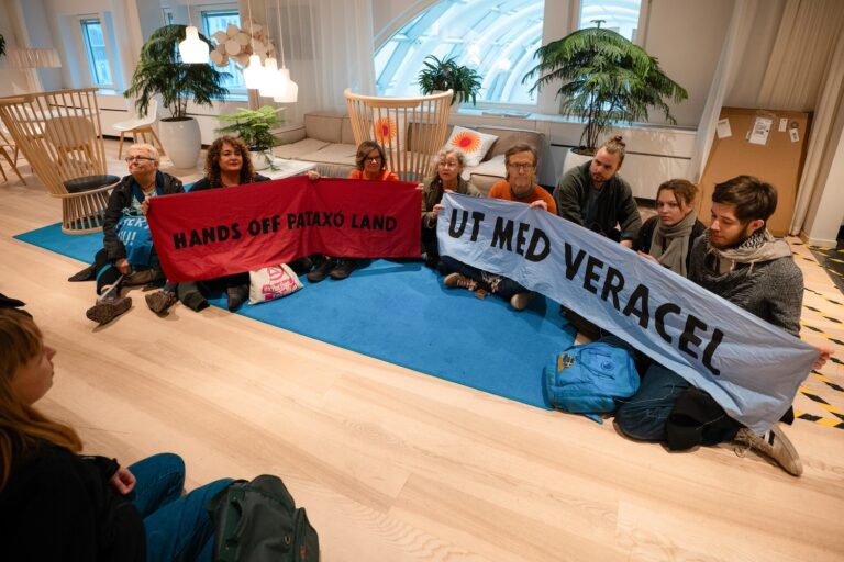 Aktivister sitter ner med banderoller inne på Stora Ensos huvudkontor.