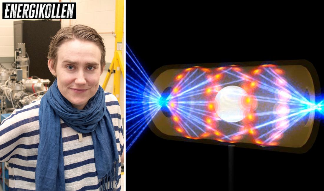 Om vi kan få till det löser vi många av världens energiproblem. Men samtidigt har det varit väldigt många tekniska utmaningar. Så det är väl därför man beskriver det som en helig graal. Det är något som är väldigt svårt att uppnå men som skulle ha väldigt stora fördelar”, säger fusionsforskaren Maria Gatu Johnson. Illustration visar visar en pellet inuti en kapsel med laserstrålar som tränger in genom öppningar i båda ändar. Strålarna komprimerar och värmer upp målet till de förhållanden som krävs för att kärnfusion ska kunna ske.