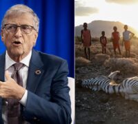 Bill Gates och en bild på en zebra som dött av tört i Kenya, några barn tittar på där den ligger död på marken.