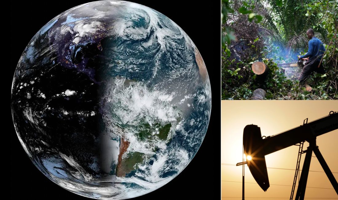 Ett collage med jorden, en oljeplattform och en man som sågar sönder en stock.