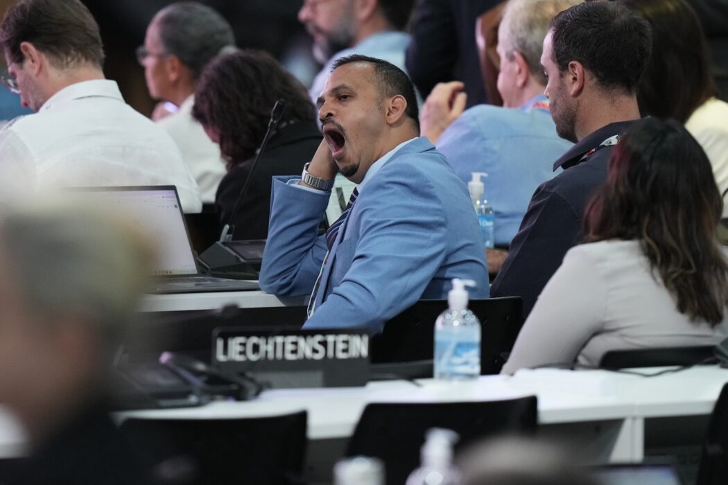 En delegat gäspar i väntan på att det slutliga mötet ska dra igång.