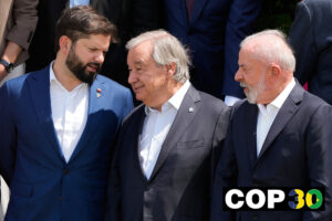 Chiles president Gabriel Boric, FN:s generalsekreterare Antionio Guterres och Brasiliens president Lula da Silva vid COP30 FN:s klimatmöte Vinjett COP30