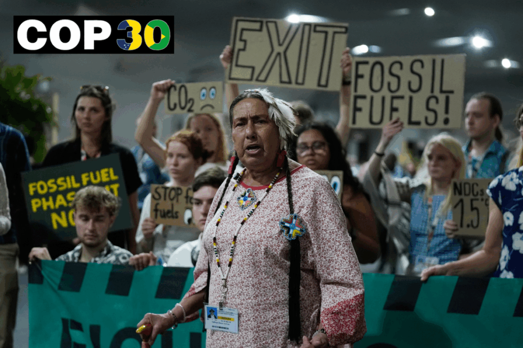 Demonstranter deltar i en protest mot fossila bränslen vid FN:s klimatkonferens COP30