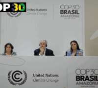 Ana Toni, VD för COP30 och André Corrêa do Lago, ordförande för COP30, deltar i en presskonferens under FN:s klimatkonferens COP30
