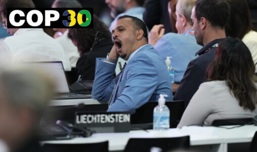 En delegat gäspar i väntan på att det slutliga mötet ska dra igång. vinjett COP30