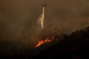 En helikopter försöker släcka en brand.