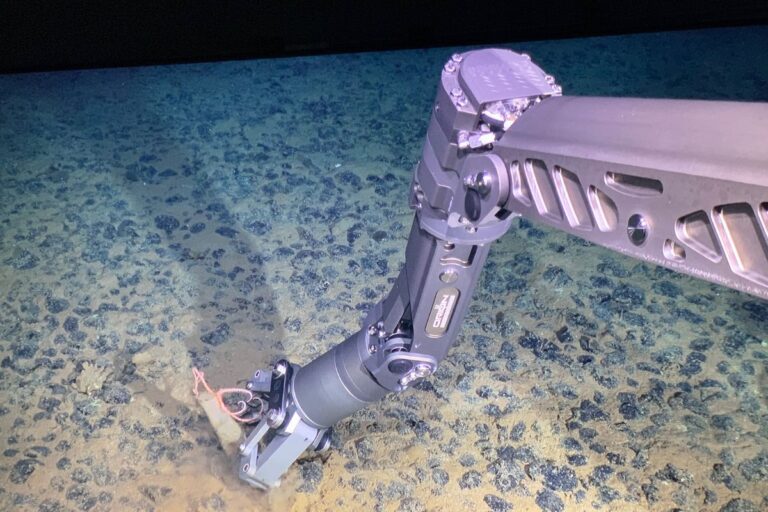 Robotarm som sträcker sig mot polymetalliska noduler i djuphavet.