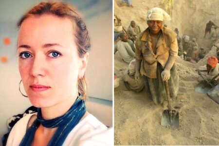 Alice Bondel, kanslichef på Swedwatch, samt en kvinna i en gruva.